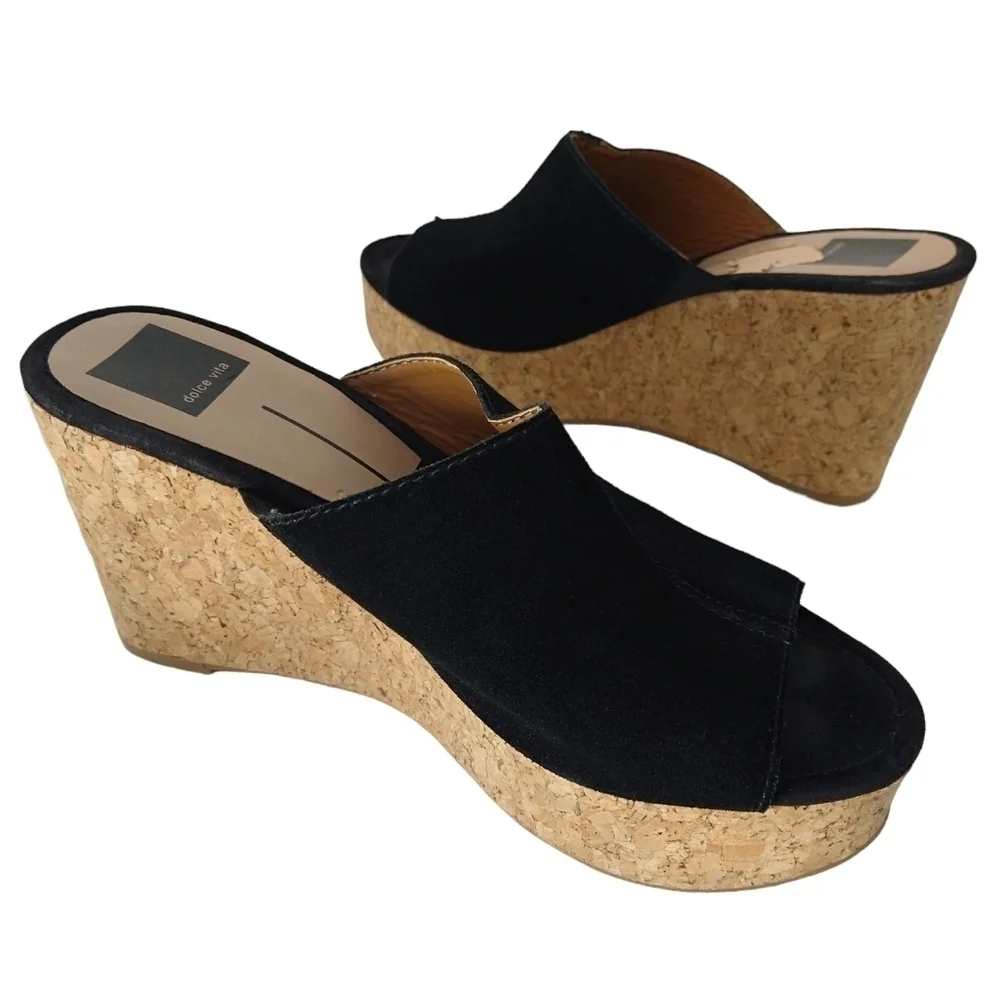 Dolce Vita Black Suede Cork Platform Mules Sandals Peep Toe Slip Ons Modern